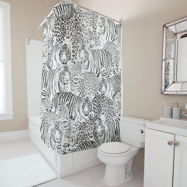 Modern Black White Leopard Tiger Animals Shower Curtain (In Situ)