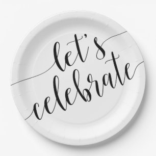 Modern Black White Let's Celebrate Paper Plates