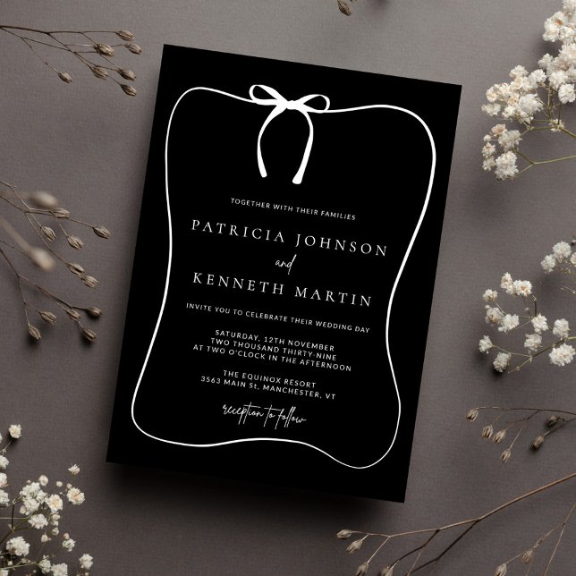 Modern Black & White Line Art Bow Frame Wedding Invitation (Creator Uploaded)