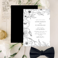 Modern Black White Line Art Floral Wedding