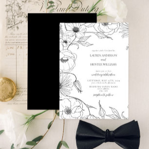 Modern Black White Line Art Floral Wedding Invitation