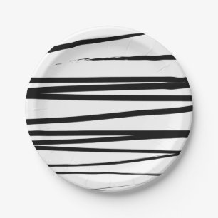 Modern Black & White Lines Abstract Art Paper Plate