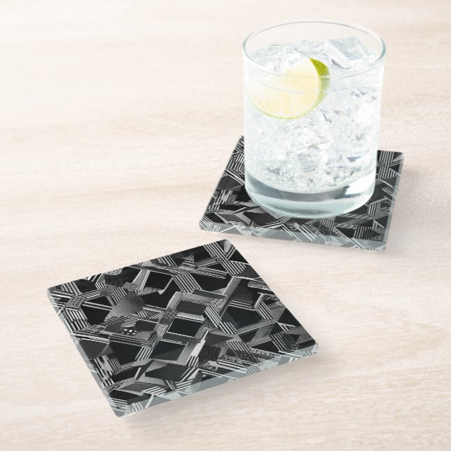 Modern Black & White Lines Abstract Glass Coaster (Angled)