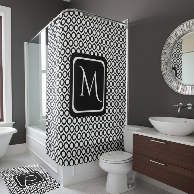 Modern Black White Linked Rings Monogram Shower Curtain (Creator Uploaded)