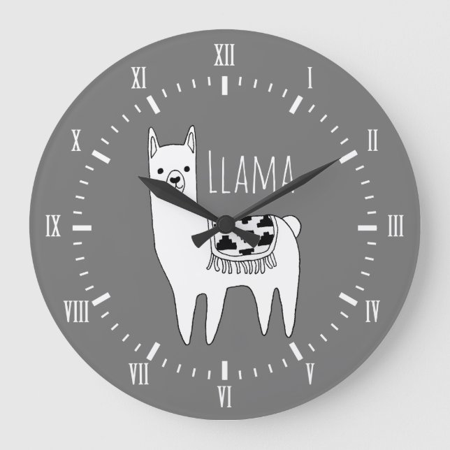 Modern Black & White Llama Sketch Roman Numerals Large Clock (Front)
