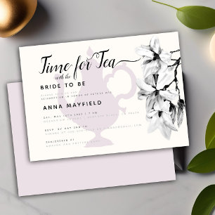 Modern Black White Magnolia Time for Tea Bridal Invitation