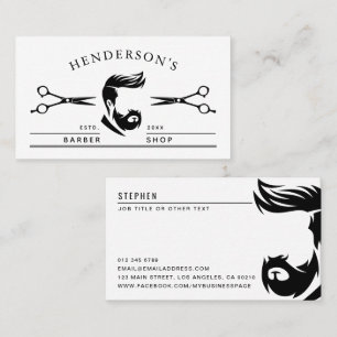 Modern Black & White Man & Scissors Barber Shop Business Card