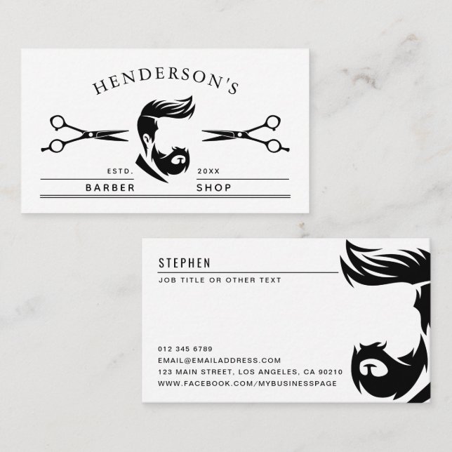 Modern Black & White Man & Scissors Barber Shop Business Card (Front/Back)