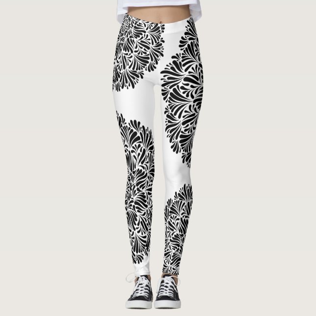 Modern Black & White Mandala Pattern Geometric Leggings (Front)