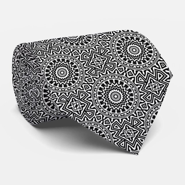 Modern Black White Mandala Pattern Tie (Rolled)