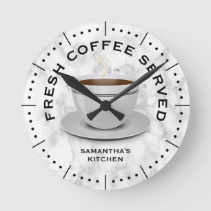 Modern Black White Marble Coffee Theme Kitchen Round Clock