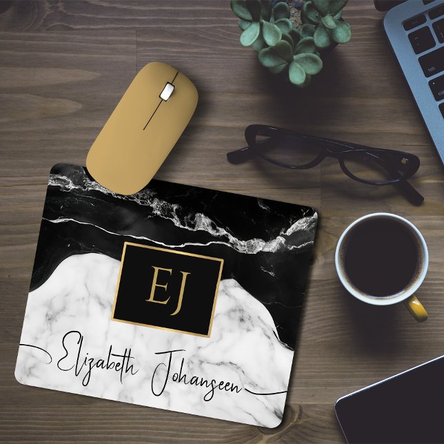 Modern Black White Marble Gold Initial Monogrammed Mouse Pad (Creator Uploaded)