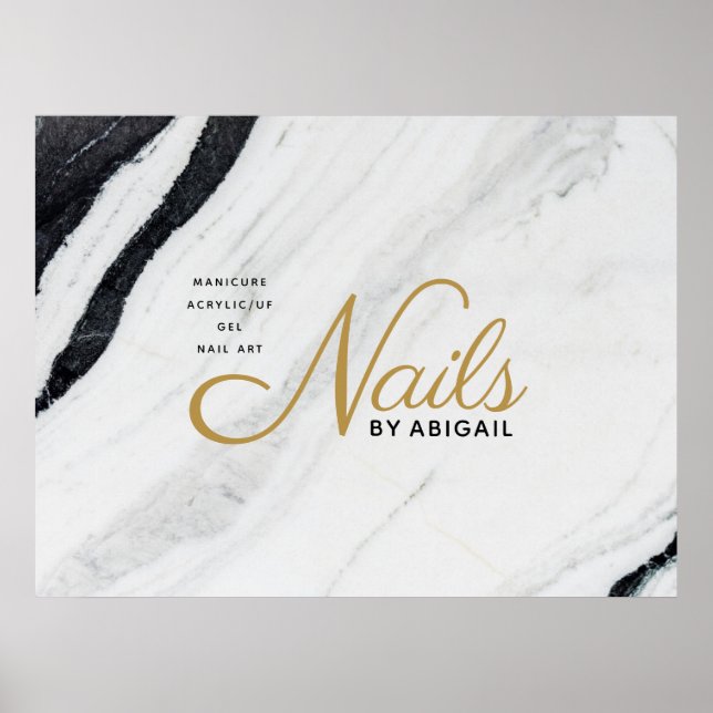 Modern Black & White Marble Gold Nails By "Name" Poster (Front)