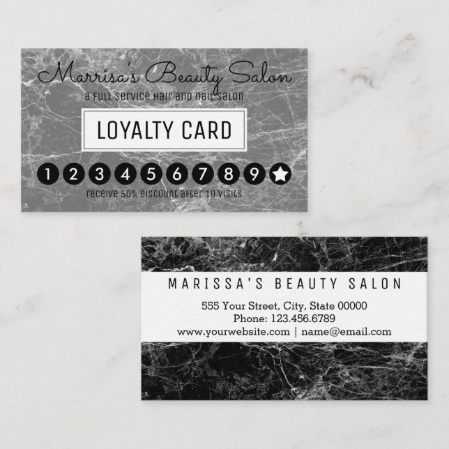 Modern Black White Marble Loyalty Discount Punch Card (Front/Back)