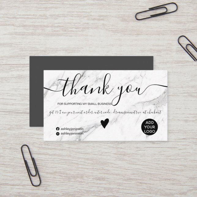 Modern black white marble order thank you business card (Front/Back In Situ)