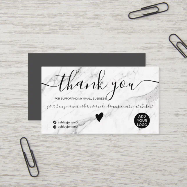Modern black white marble order thank you business card | Zazzle