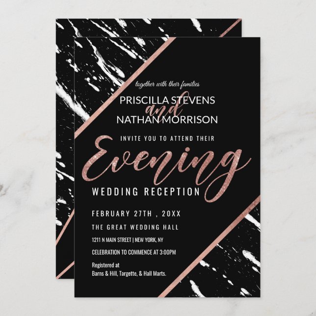 Modern Black White Marble Rose Gold Chic Evening Invitation (Front/Back)