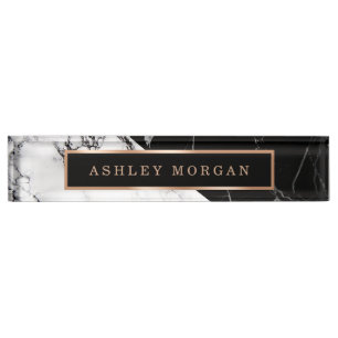 Modern Black White Marble Stone Texture Look Nameplate