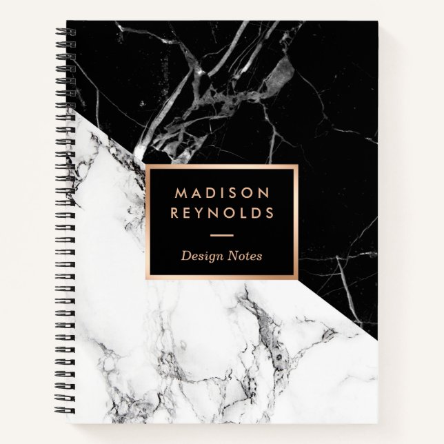 Modern Black White Marble Texture Designer Notes Notebook (Front)