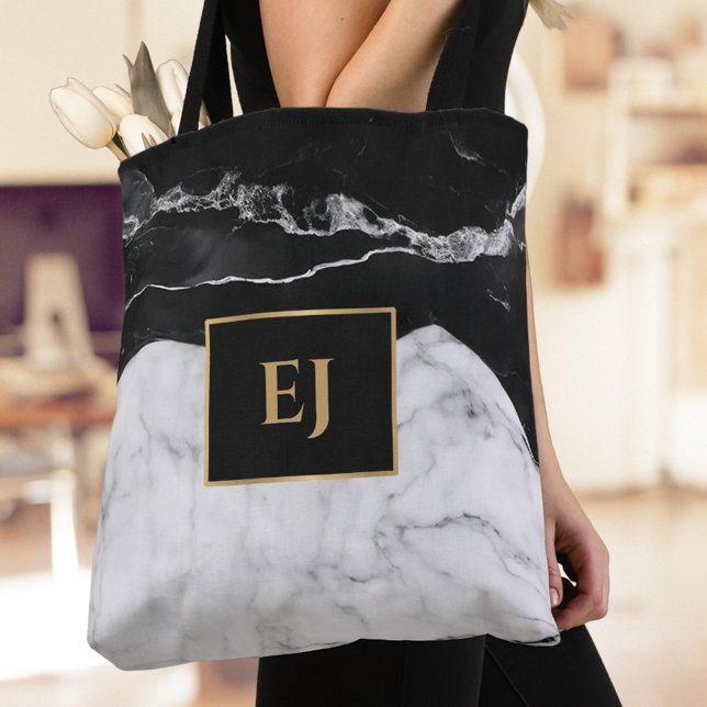 Modern Black White Marble Texture Gold Monogrammed Tote Bag (Creator Uploaded)