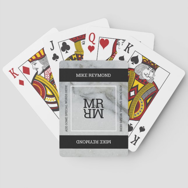Modern black & white marbled playingcard with name playing cards (Back)