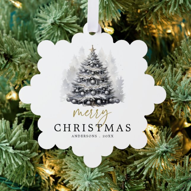 Modern Black & White Merry Christmas Tree Family Tree Decoration Card (Insitu (Tree))