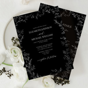 Modern Black & White Minimal Leaf Details Wedding Invitation