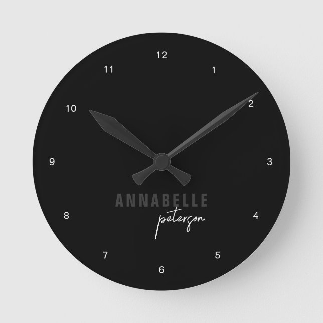 Modern Black & White Minimal Script Personalised Round Clock (Front)