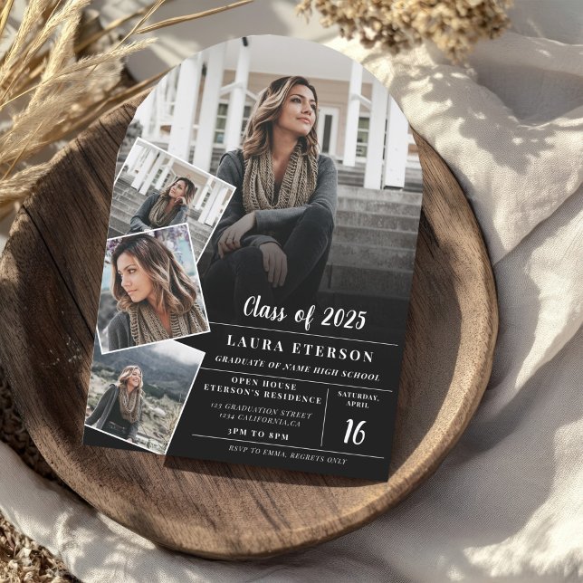 Modern black white minimalist 5 photo graduation invitation (Modern black white minimalist 5 photo graduation invitation)