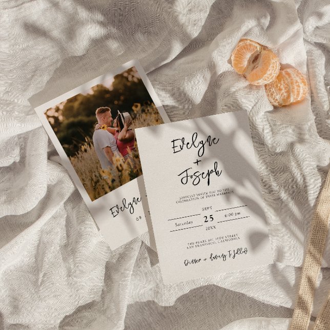 Modern Black & White Minimalist Photo Boho Wedding Invitation (Creator Uploaded)