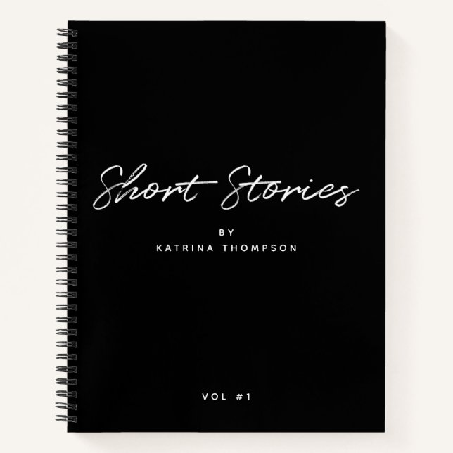 Modern Black White Minimalist Script Short Stories Notebook (Front)