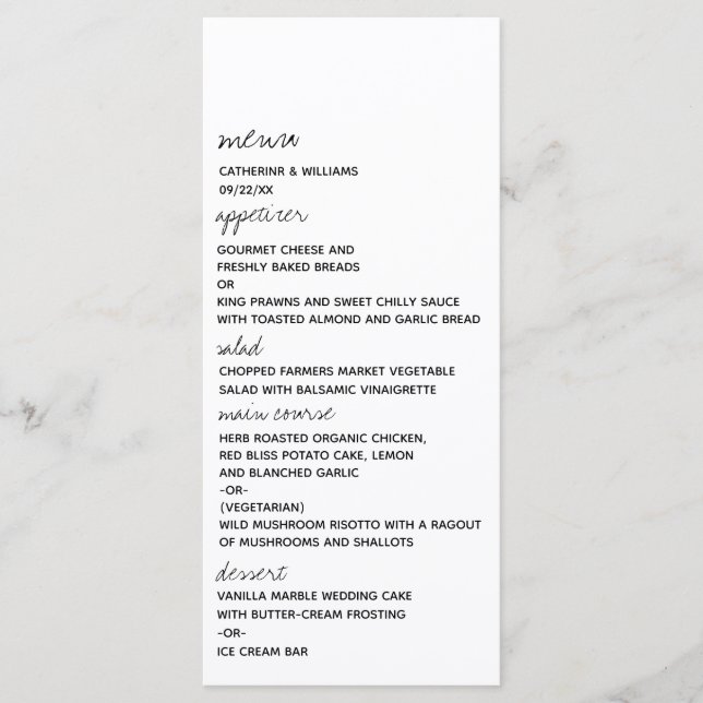 Modern Black & White Minimalist Script Wedding Menu (Front)