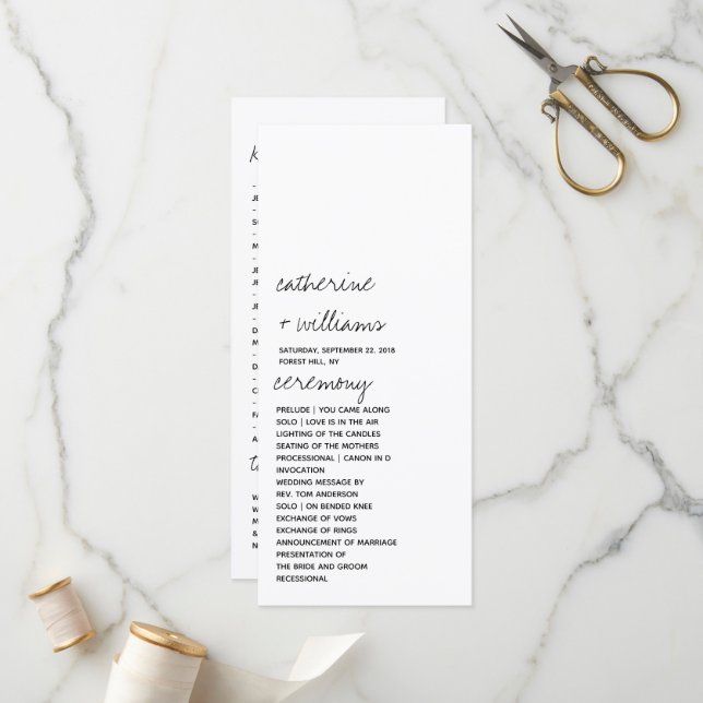 Modern Black & White Minimalist Script Wedding Program (Front/Back In Situ)