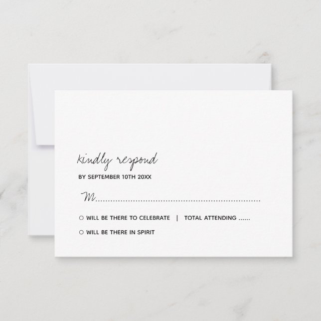 Modern Black & White Minimalist Script Wedding RSVP Card (Front)