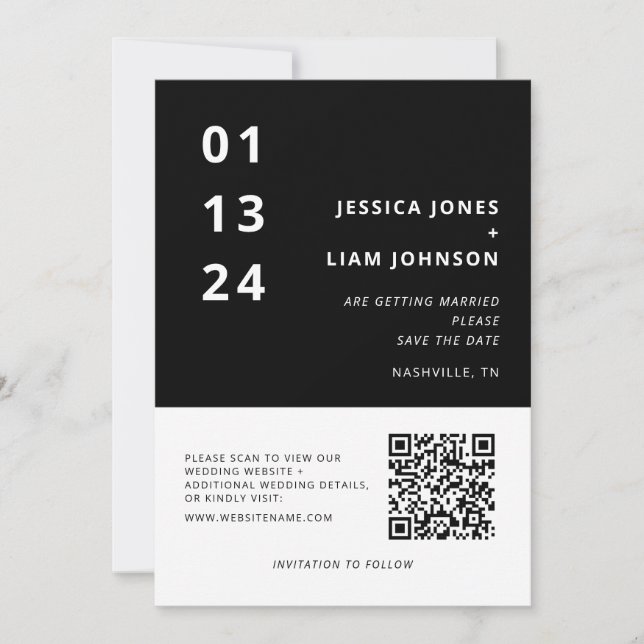 Modern Black & White Minimalist Wedding QR Code Save The Date (Front)