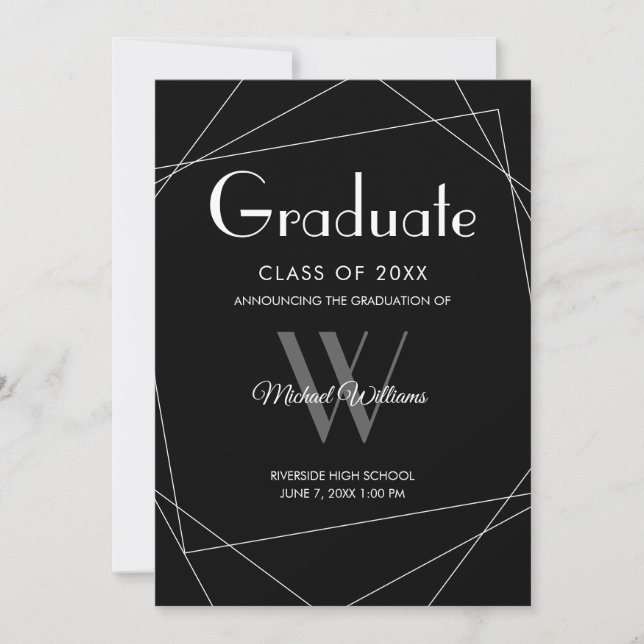 Modern Black White Monogram Geometric Graduation Announcement (Front)