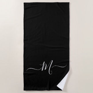 Modern Black White Monogram Initial Beach Towel