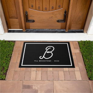 Modern Black White Monogram Initial Family Name Doormat