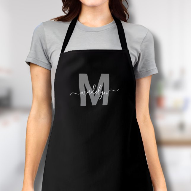 Modern Black White Monogram Initial Name Apron (Modern Black White Monogram Initial Name Apron)