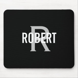Modern black white monogram men name mouse pad