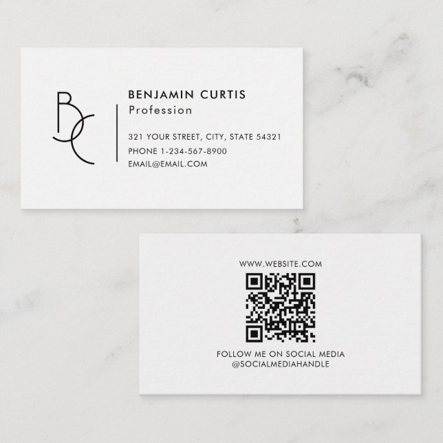 Modern Black White Monogram Minimalist QR Code Business Card (Front/Back)