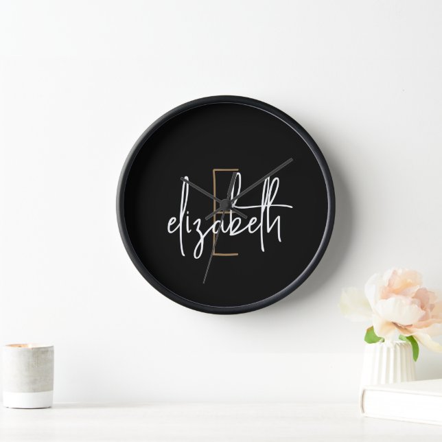 Modern Black White Monogram Name Clock (Home)