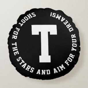 Modern Black White Monogram Name Initial Bold Typo Round Cushion