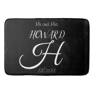 Modern Black White Monogram Name Newlyweds  Bath Mat