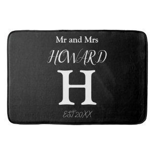 Modern Black White Monogram Name Newlyweds Bath Mat