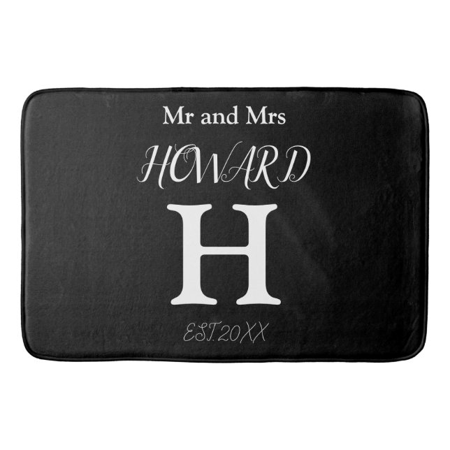 Modern Black White Monogram Name Newlyweds  Bath Mat (Front)