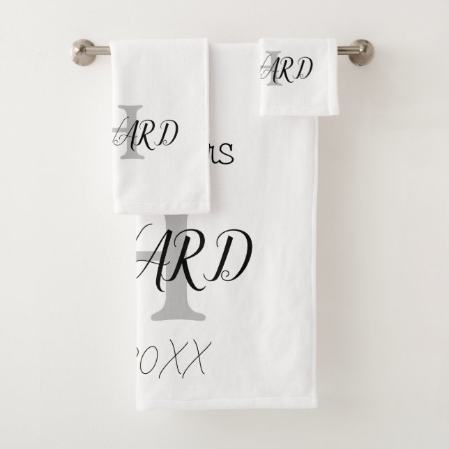 Modern Black White Monogram Name Newlyweds  Bath T Bath Towel Set (Insitu)