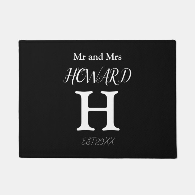 Modern Black White Monogram Name Newlyweds  Doorma Doormat (Front)