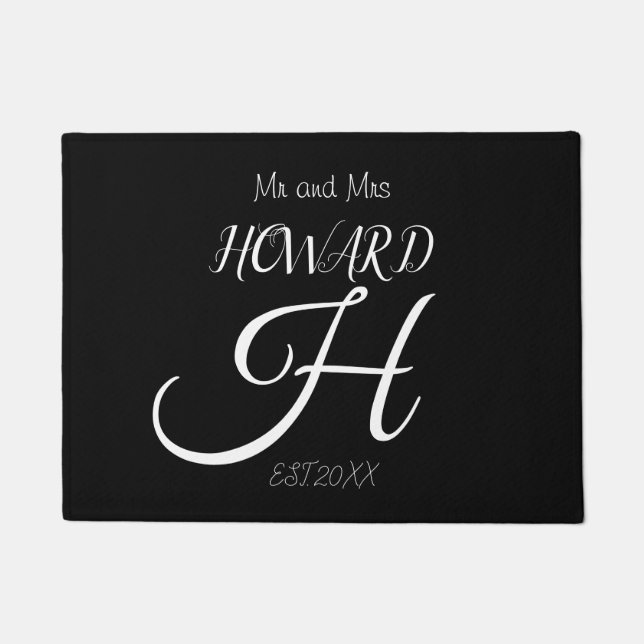 Modern Black White Monogram Name Newlyweds  Doorma Doormat (Front)