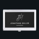 Modern Black White Monogram Name Title Business Card Holder<br><div class="desc">Keep your business cards organised and stylish with this modern black business card case. The design features a white monogram, name and title, adding a personal touch to your professional look. This case is perfect for carrying in your bag or briefcase and makes a great gift for colleagues and clients....</div>